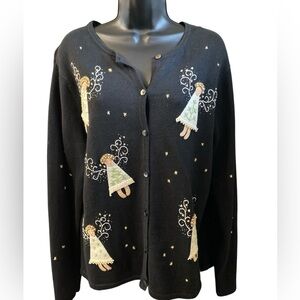 Carroll Reed Women's Christmas Embroidery Angel Cardigan Sweater Black Size XL